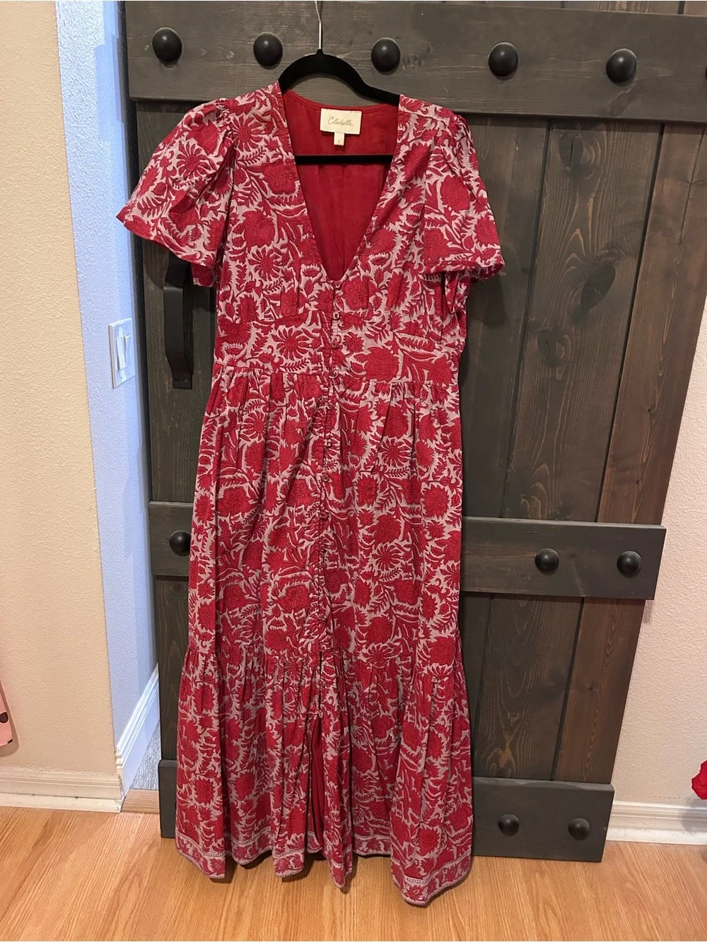 Cleobella Sasha NWOT L Red Floral V-Neck Tiered Maxi Dress